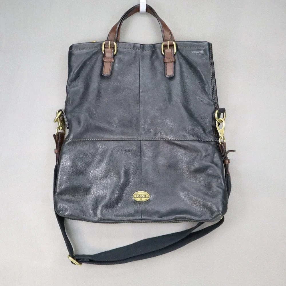 Fossil Explorer Large Crossbody Shoulder Bag Carryall Tote Black Fold-Over Purse